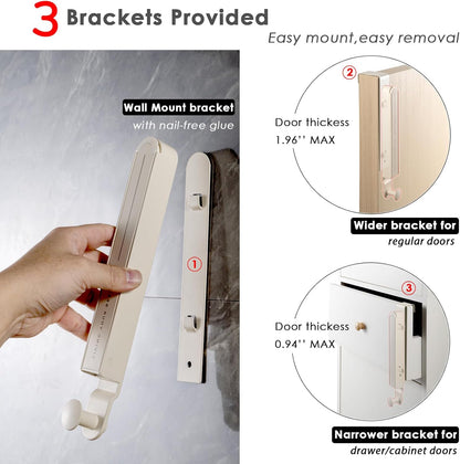 Folding Clothes Drying Rack with 3 Brackets for Over The Door and Wall Mount, All Metal Laundry Dryer Rack with Retractable Rod for Towel, Fit Doors Thickness from 0.59in to 1.96in (Space Grey)
