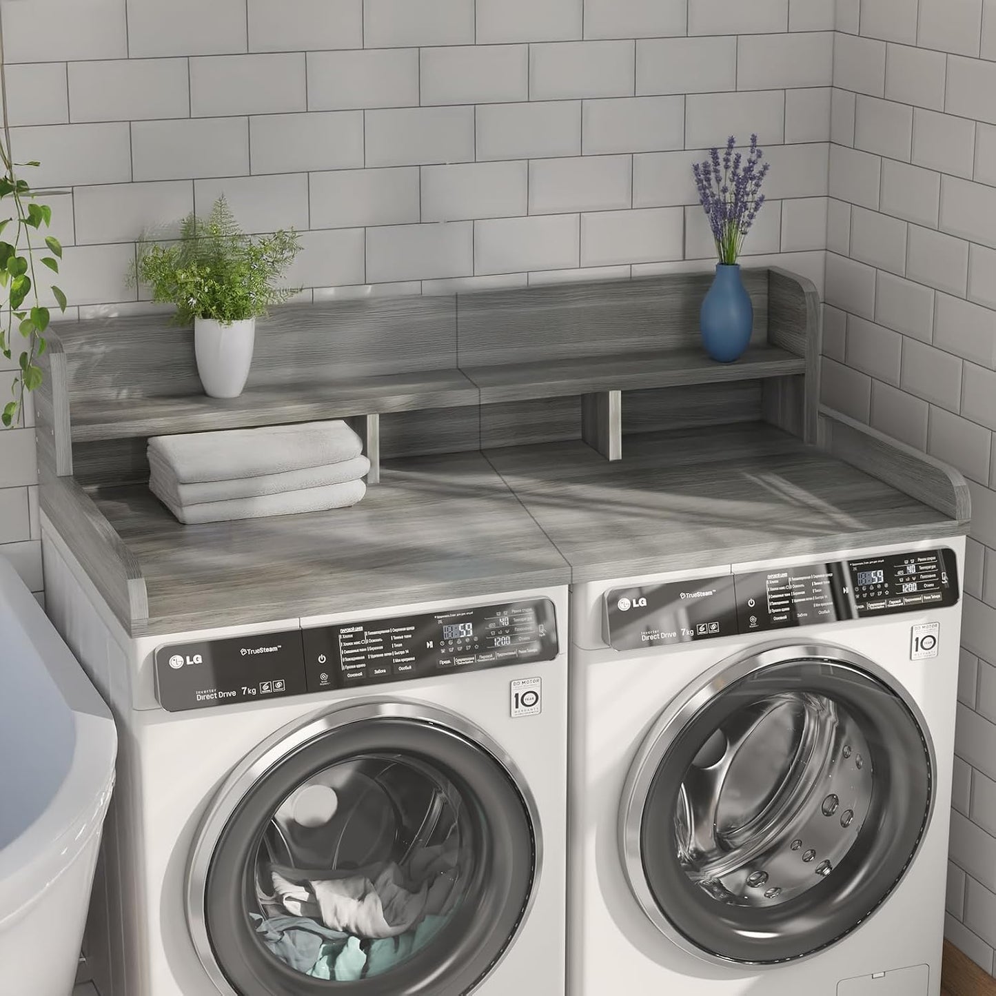 54" X 27.5" Washer and Dryer Countertop, Adjustable Laundry Countertop with Shelf, Extra Dividers, Folding Clothes Station, Over Machine Storage for Detergents & Essentials (Natural)