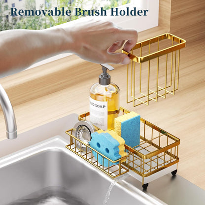 Consumest Sponge Holder for Kitchen Sink - Auto Draining Sink Caddy Organizer with Detachable Rack, High Brush Holder, Kitchen Countertop Storage Accessories, Black