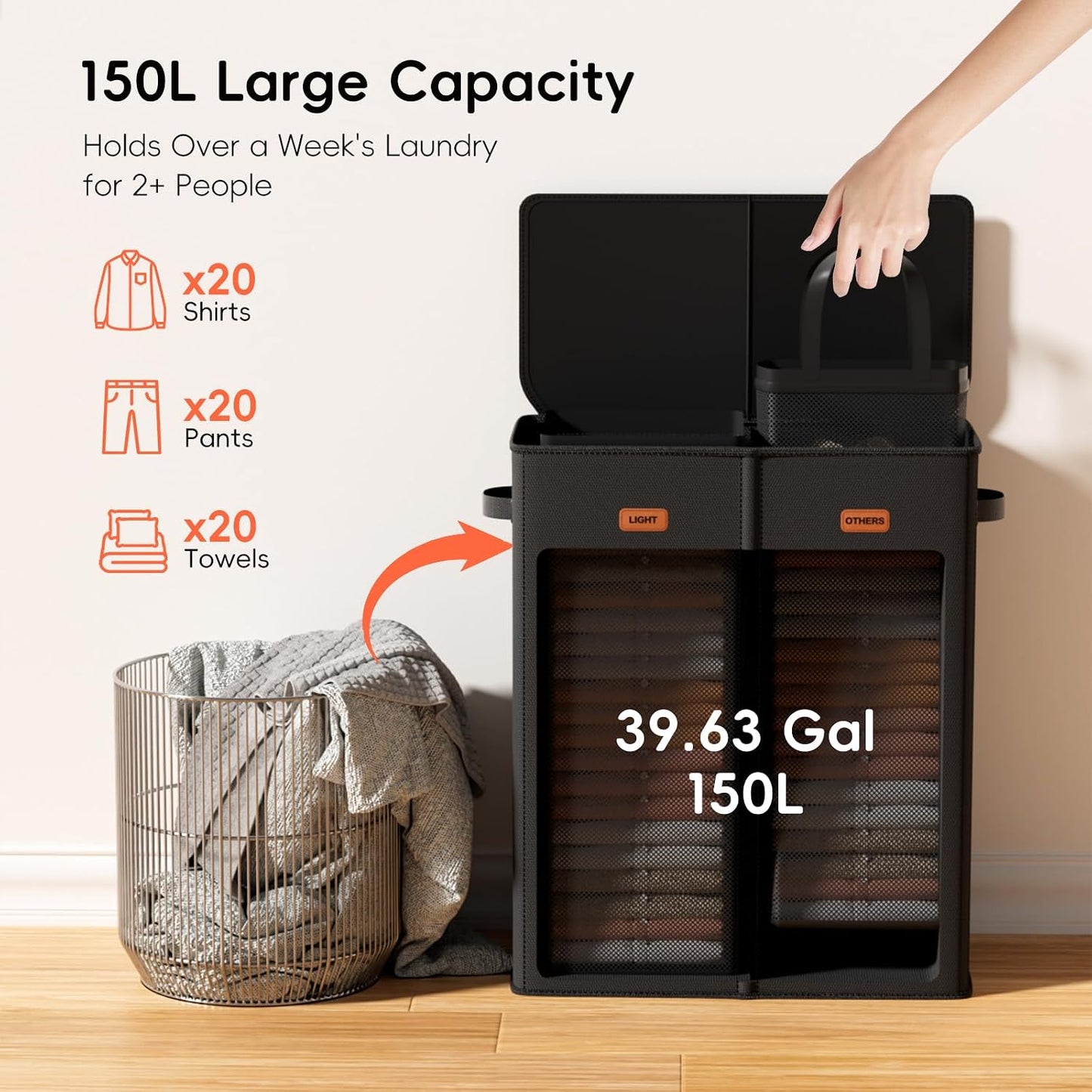 185L Laundry Hamper 3 Section, Laundry Hamper with Lid, Dirty Clothes Hamper with 3 Removable Washing Bags, Extra Large Laundry Basket Organizer for Bedroom, Laundry Room, Dorm - Black