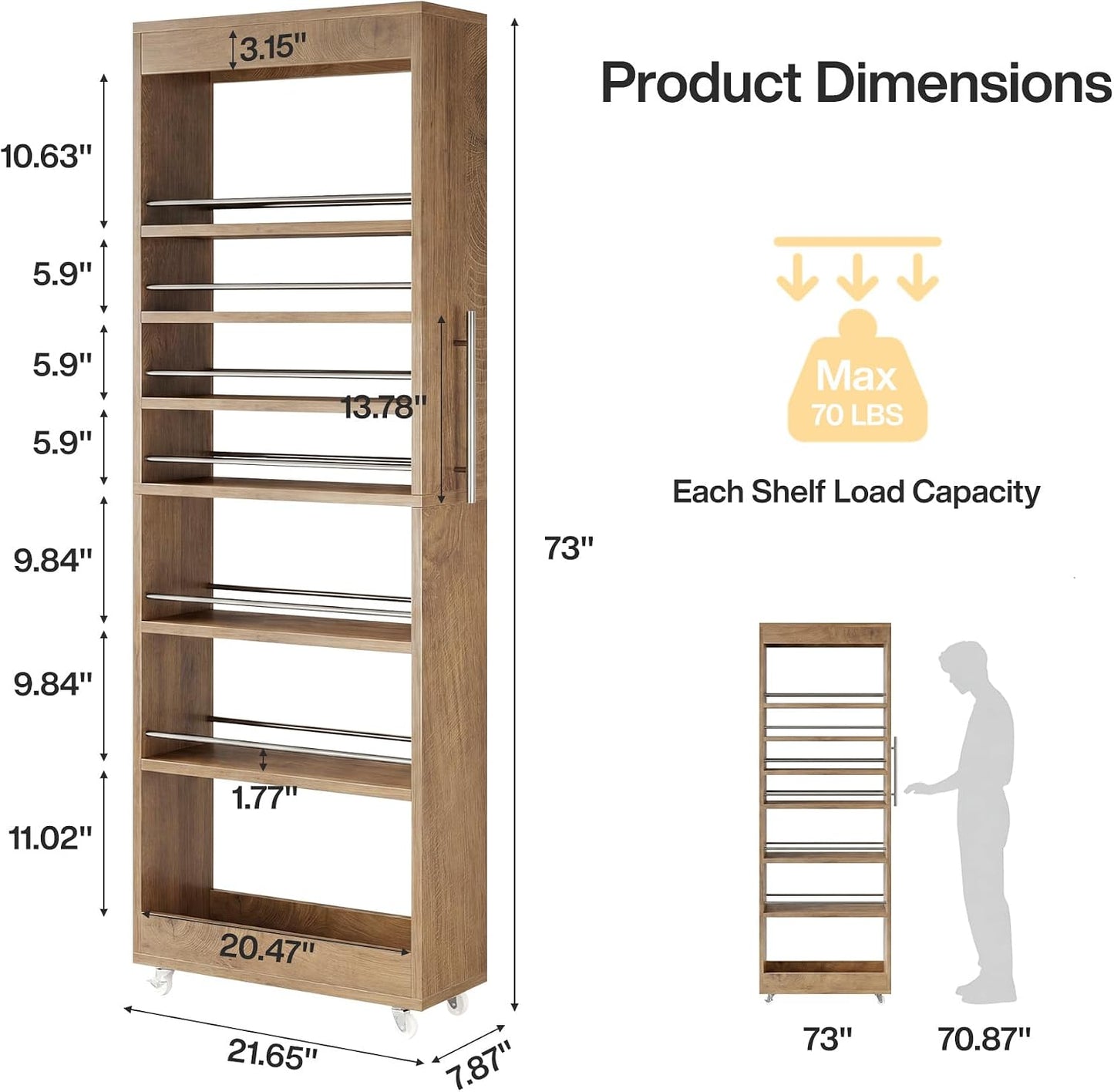 Tribesigns 73" Tall Slim Storage Cart on Wheels, 7-Tier Narrow Pantry Cabinet, Rolling Skinny Spice Rack Organizer Next to Fridge, Wooden Pull-Out Storage Shelf for Kitchen Small Spaces, White