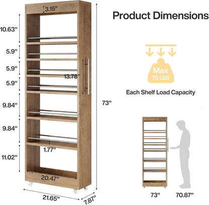 Tribesigns 73" Tall Slim Storage Cart on Wheels, 7-Tier Narrow Pantry Cabinet, Rolling Skinny Spice Rack Organizer Next to Fridge, Wooden Pull-Out Storage Shelf for Kitchen Small Spaces, White