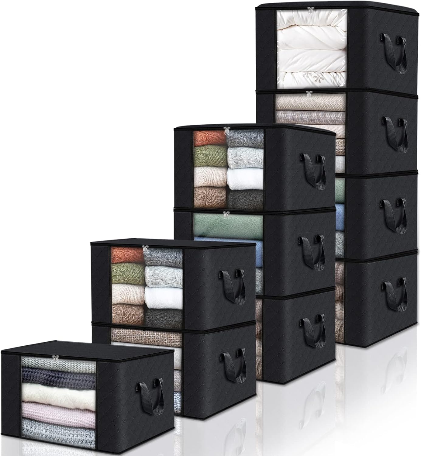 Fab totes 6 Pack Storage Bags for Clothes and Blanket, Foldable Closet Organizers and Storage with Zippers, Clear Window and Handles, Fabric Storage Bins for Sweater, Comforter, Bedding,Linen Sheets