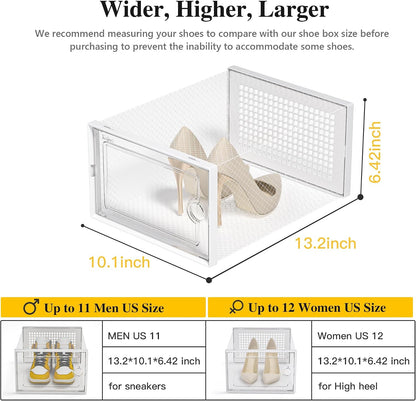 Kuject X-Large Shoe Storage Boxes Organizers for Closet 12 Pack, Fit Size 11,Clear Plastic Stackable Sneaker Containers for Entryway, Space Saving Shoe Rack, Brown