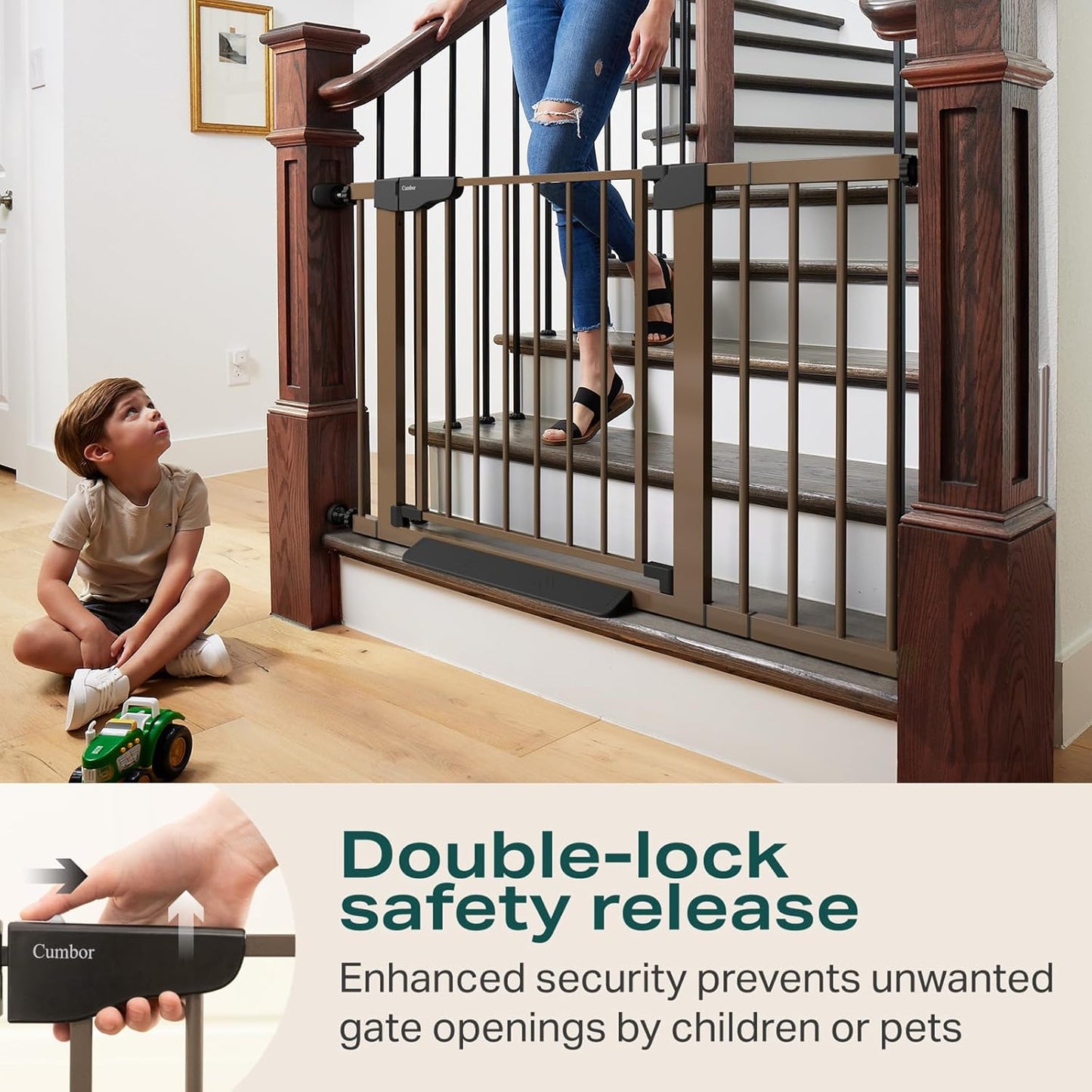 Cumbor 30-46" Baby Gate for Stairs, Mom's Choice Awards Winner-Auto Close Dog Gate for The House, Gifts for Mom, Easy Install Pressure Mounted Pet Gates for Doorways, Black