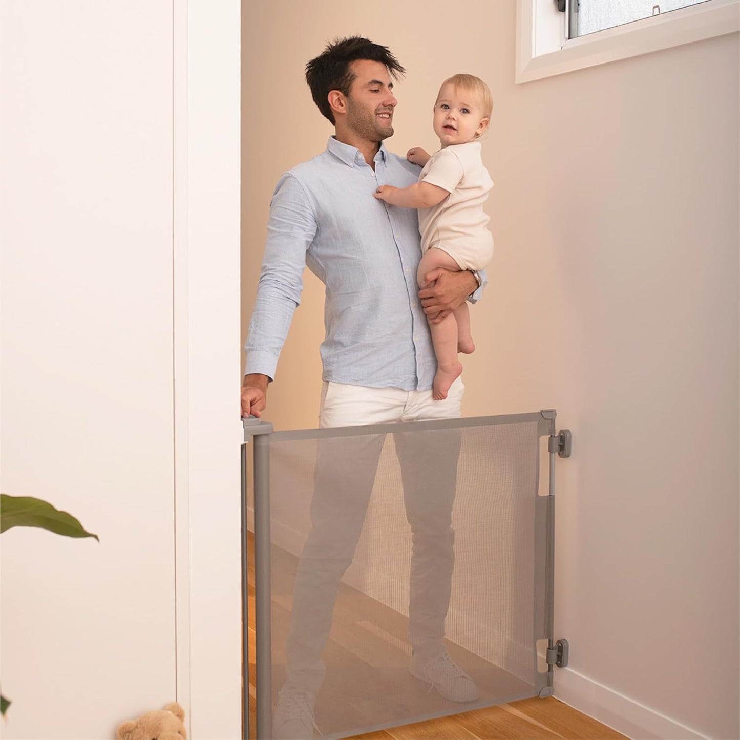 Retractable Baby Gate Perma Child Safety 33" Tall x 55” Wide, Mesh, for Stairs, Doorways, Dogs, Pets, Indoor, Outdoor, One-Handed Operation, Locking, Easy Install, Hardware Mount, White