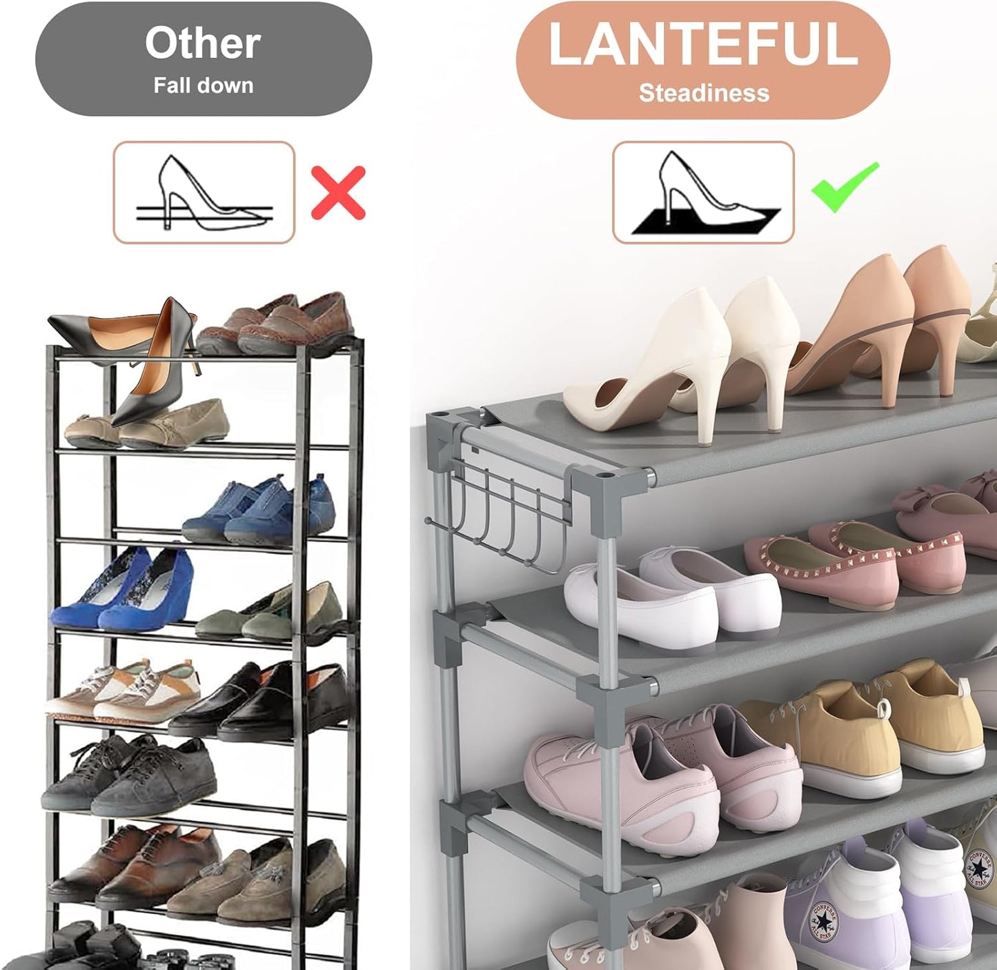 LANTEFUL 10 Tiers Shoe Rack 50 Pairs Large Capacity Tall Shoe Organizer Sturdy Shoe Storage with Two Hooks Space Saving Metal Wide Shoe Rack for Closet, Entryway, Bedroom, Black