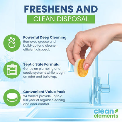 Garbage Disposal Cleaner Deodorizer Tablets – 24 Pack XL Foaming Citrus Cleaning Tablet - Sink Drain Disposer Garburator Freshener Odor Eliminator Grease Remover Septic Safe - 1 Year Supply