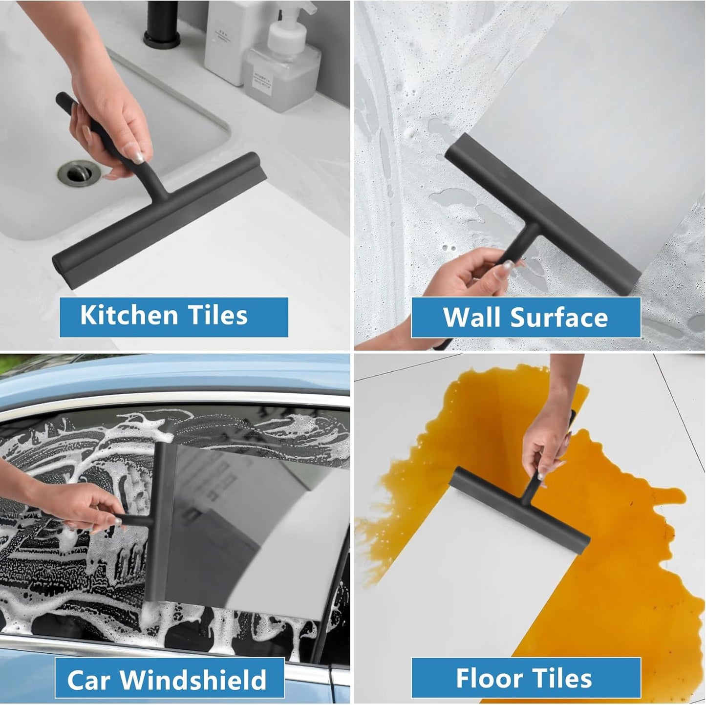 Squeegee for Shower Glass Doors, Resilient Loop - No-Drill & Adhesive Hook, Silicone Shower Squeegee with Stainless Steel Core, Cleaning Tool for Home, Kitchen, Bathroom & Car - Black