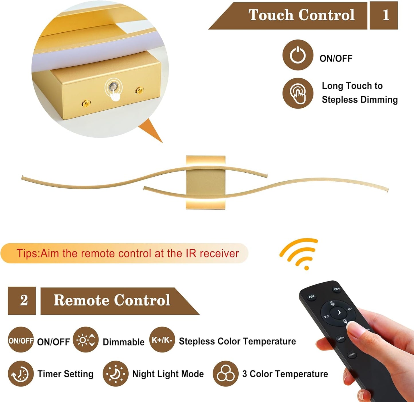 KARTOOSH Battery Operated Wall Sconces Set of Two with Remote Control, Dimmable/3 Colors/Night-Light/Timer/Memory, Gold Modern Wireless LED Sconce for Living Room, Hallway, Bedroom, 27.5 Inch (2 Pack)