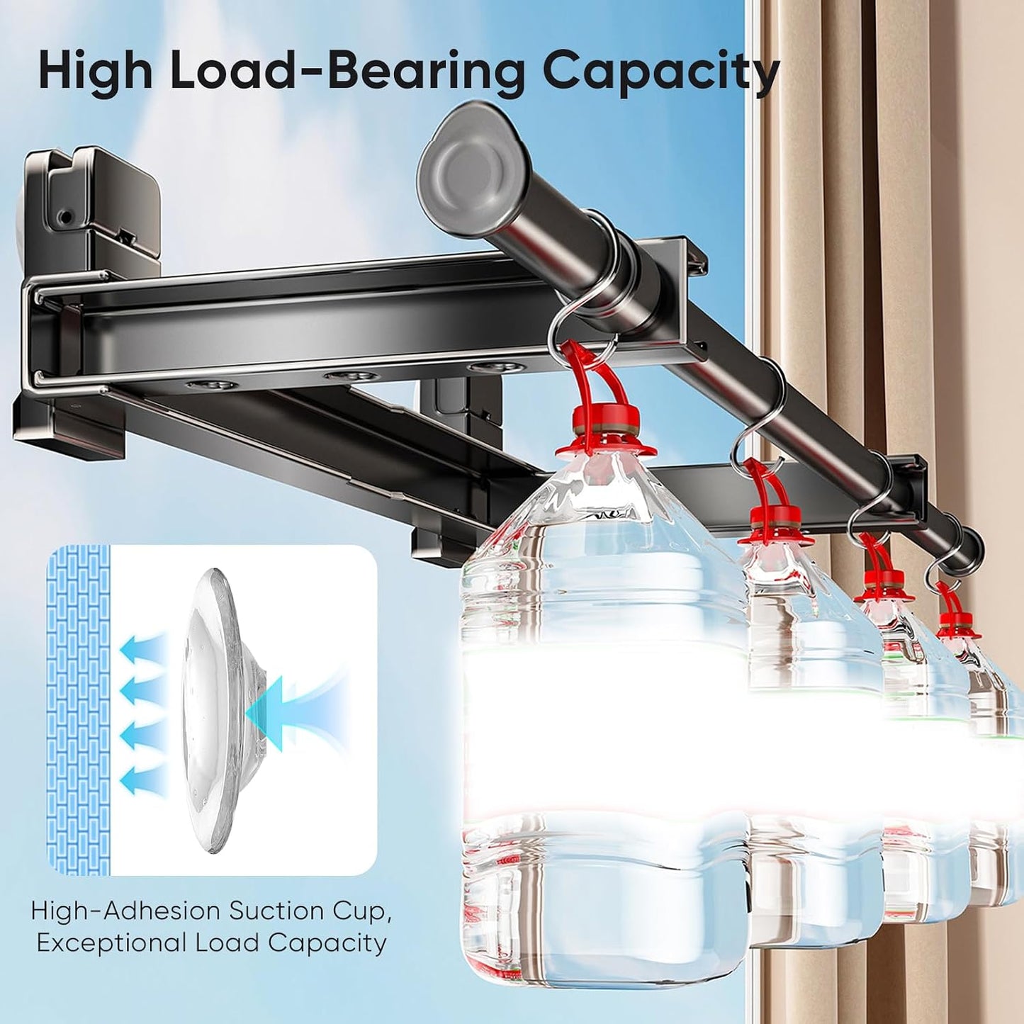 Wall Mounted Drying Rack, Laundry Clothes Drying Rack Foldable, Suction Cup and Telescopic Clothes Drying Pole, Rust-Resistant Carbon Steel No-Drill, Suitable for Flat Surfaces