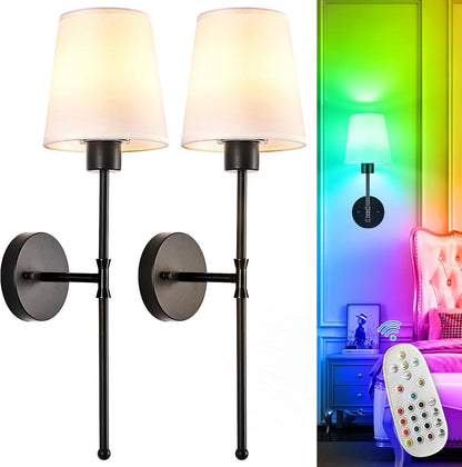 Depuley Battery Operated Wall Sconce: Set of 2 Wireless Wall Lights with 10000mAh Dimmable Bulbs and Remote for Bedroom - Rechargeable 15 Colors Gold Wall Lamp for Living Room Hallway