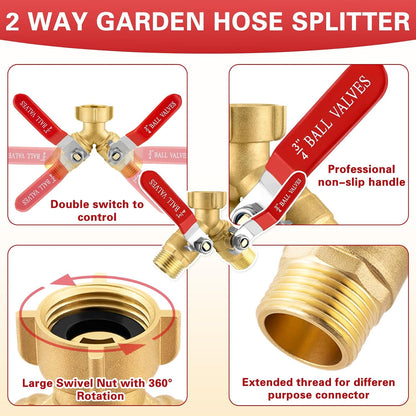 Garden Hose Splitter, 304 Stainless Steel 2 Way Hose Splitter with Long Handle, Heavy Duty Hose Y Spigot Splitter with Shutoff Valves, 3/4" GHT Thread Outdoor Faucet Splitter