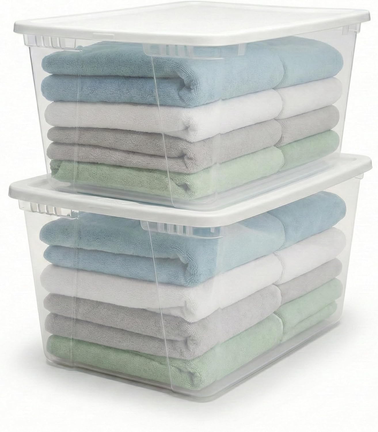 HOMZ 2-Pack Snaplock, Small Clear Plastic Storage Organizer Bins w/ Lids, 28 Quart, Gray - Stackable Container Boxes for Bedroom, Bathroom, Garage, and Office Organization