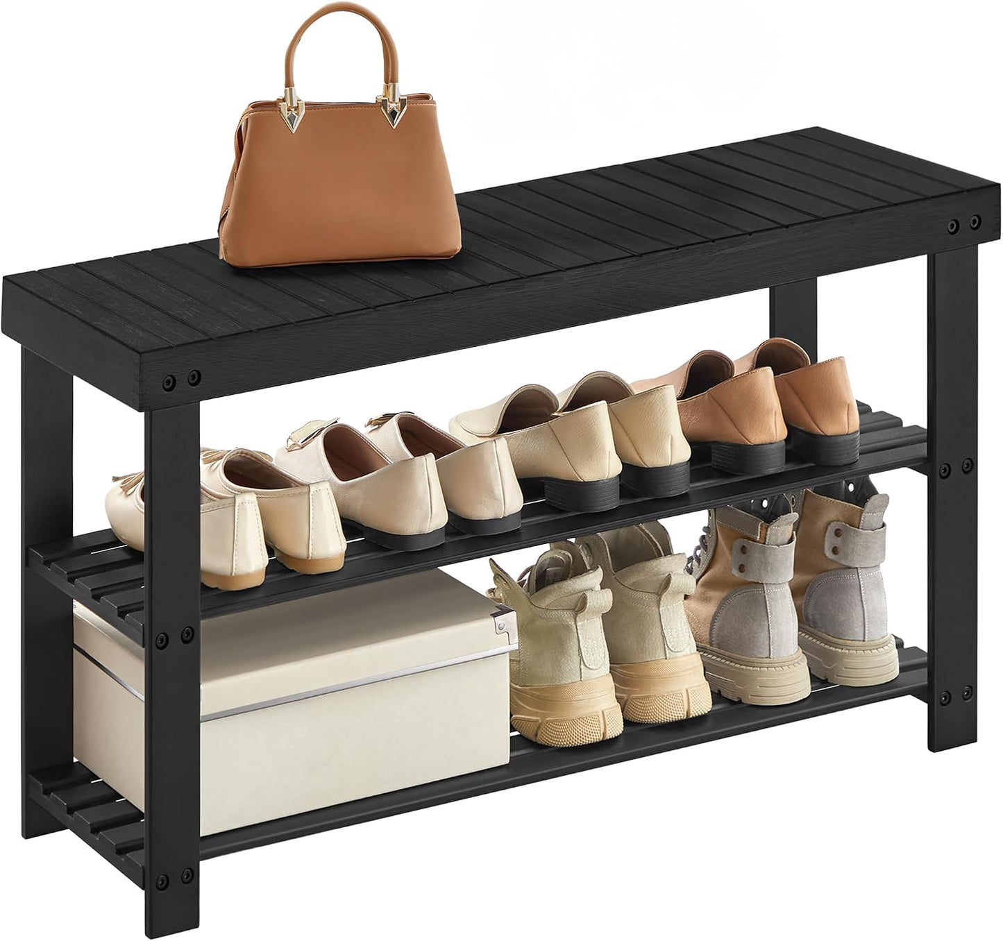 SONGMICS Shoe Rack Bench, 3-Tier Bamboo Shoe Storage Organizer, Entryway Bench, Holds Up to 286 lb, 11.3 x 27.6 x 17.8 Inches, for Entryway Bathroom Bedroom, Ink Black ULBS04H