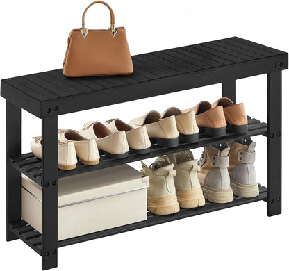 SONGMICS Shoe Rack Bench, 3-Tier Bamboo Shoe Storage Organizer, Entryway Bench, Holds Up to 286 lb, 11.3 x 27.6 x 17.8 Inches, for Entryway Bathroom Bedroom, Ink Black ULBS04H