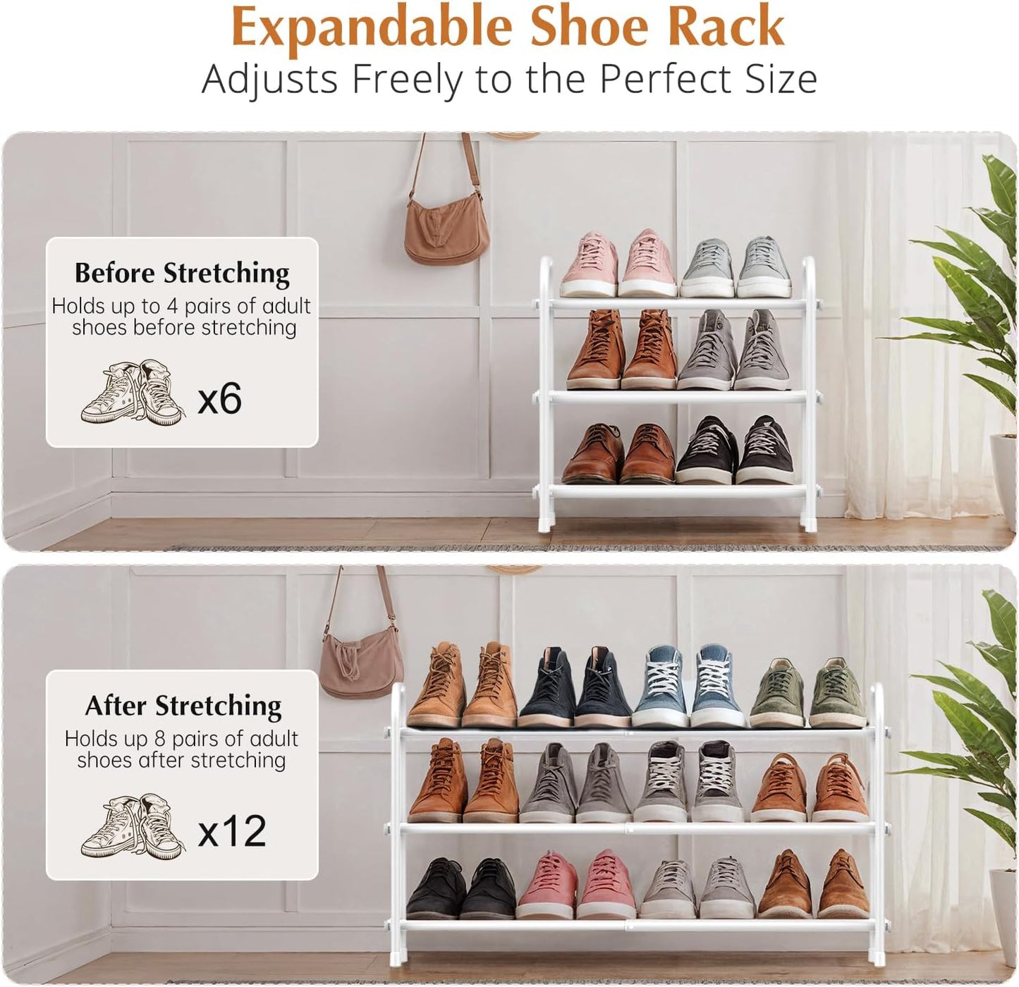 INSMART 3-Tier Expandable Shoe Rack, Stackable and Adjustable Shoes Organizer Storage Shelf, Sturdy and Durable Metal Structure Free Standing Shoe Rack for Closet Entryway Doorway
