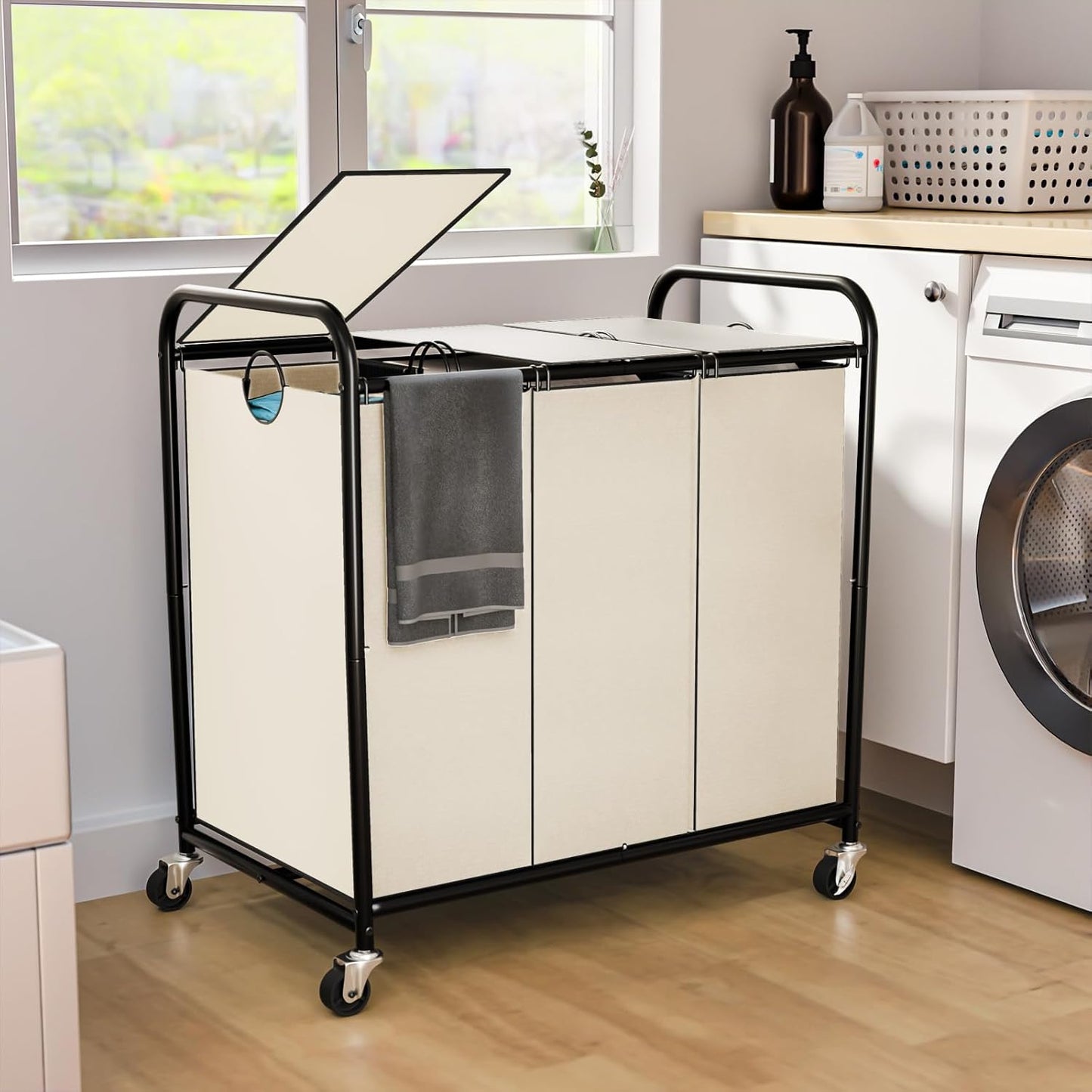 180L (47.55 Gal) Laundry Sorter 3 Section, Rolling Laundry Basket with Lockable Wheels and Lid, Laundry Hamper with 3 Separated Removable Bags Dirty Clothes Hamper for Laundry Room Organizer, Black