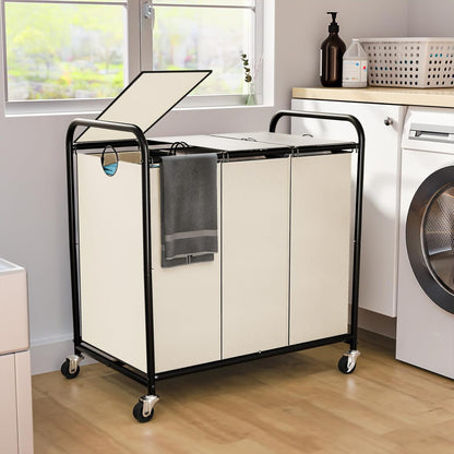 180L (47.55 Gal) Laundry Sorter 3 Section, Rolling Laundry Basket with Lockable Wheels and Lid, Laundry Hamper with 3 Separated Removable Bags Dirty Clothes Hamper for Laundry Room Organizer, Black