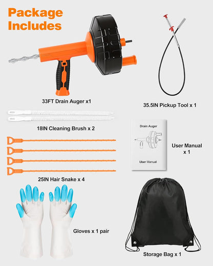 Drain Auger 33 ft, Auto Feed Drain Snake with Drill Adapter, Heavy Duty Plumbing Snake Hair Clog Remover Tool Kit with Gloves & Brushes for Kitchen Sink Shower Bathtub Bathroom Toilet Clog Removal