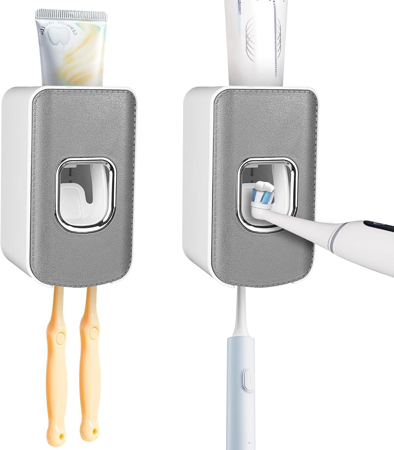 2 Slot Toothbrush Holder and Toothpaste Dispenser Wall Mounted, Automatic Toothpaste Squeezer, 2 in 1 Tooth Brush Toothpaste Organizer for Shower (Grey)