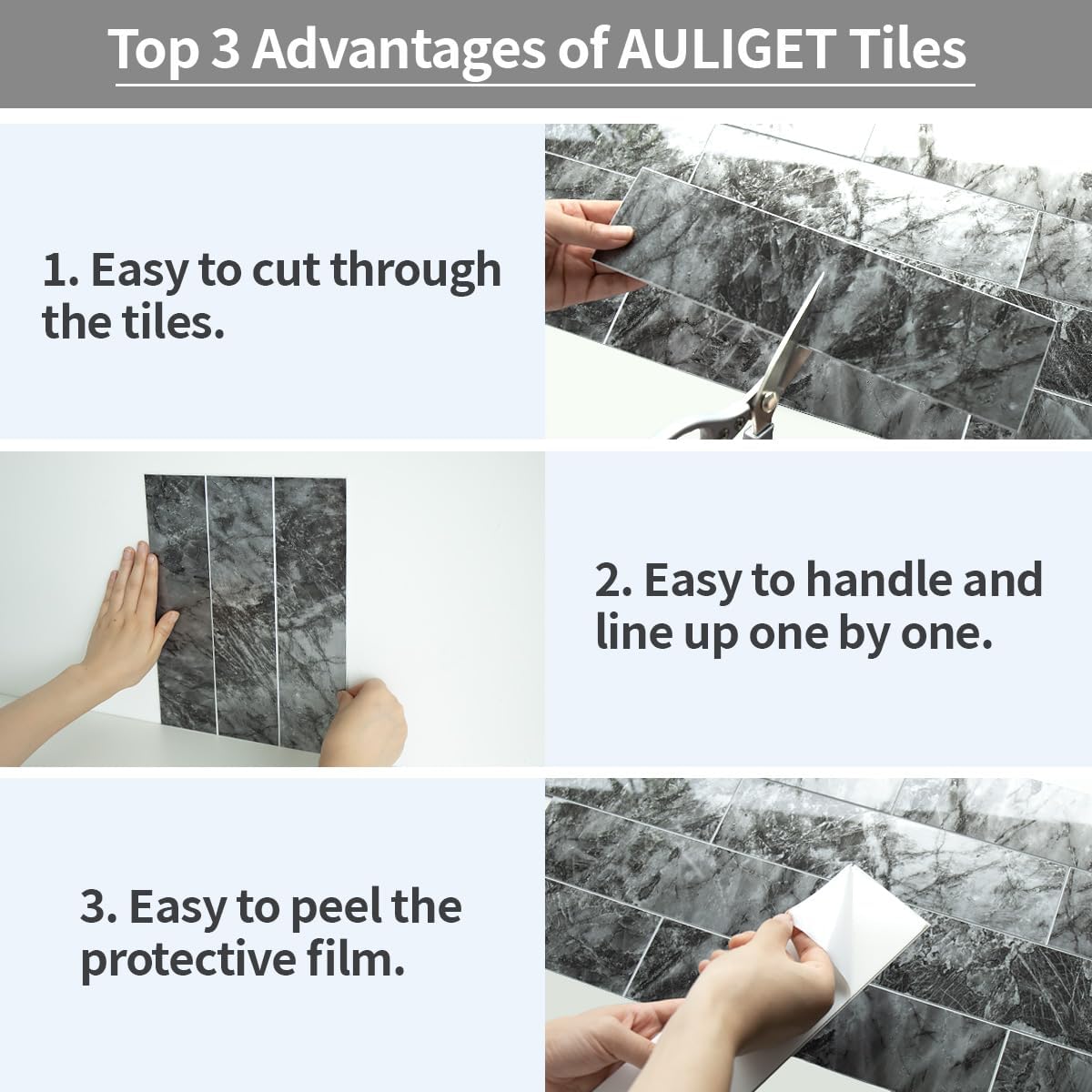 AULIGET 40-Piece Polished White Marble with Gold Peel and Stick Backsplash Wall Tiles, 3" x 12" PVC Faux Stone Stick on Tiles for Backsplash Kitchen, Bathroom, Laundry Room, Camper, Fireplace
