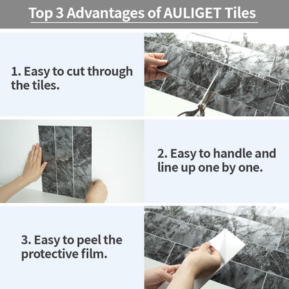 AULIGET 40-Piece Polished White Marble with Gold Peel and Stick Backsplash Wall Tiles, 3" x 12" PVC Faux Stone Stick on Tiles for Backsplash Kitchen, Bathroom, Laundry Room, Camper, Fireplace