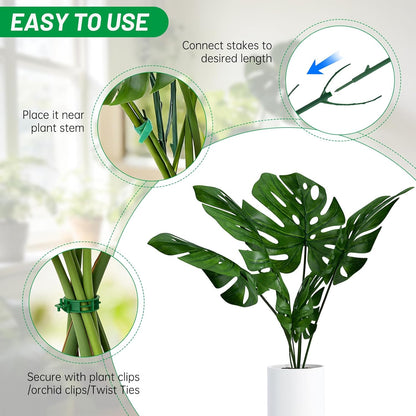 10 Pack Stackable Monstera Plant Support Stakes with 2 Rolls Hook-and-Loop Ties & 20 Clips, Adjustable Plant Stakes for Indoor Plants, Plant Sticks Support Tall Pothos Climbing