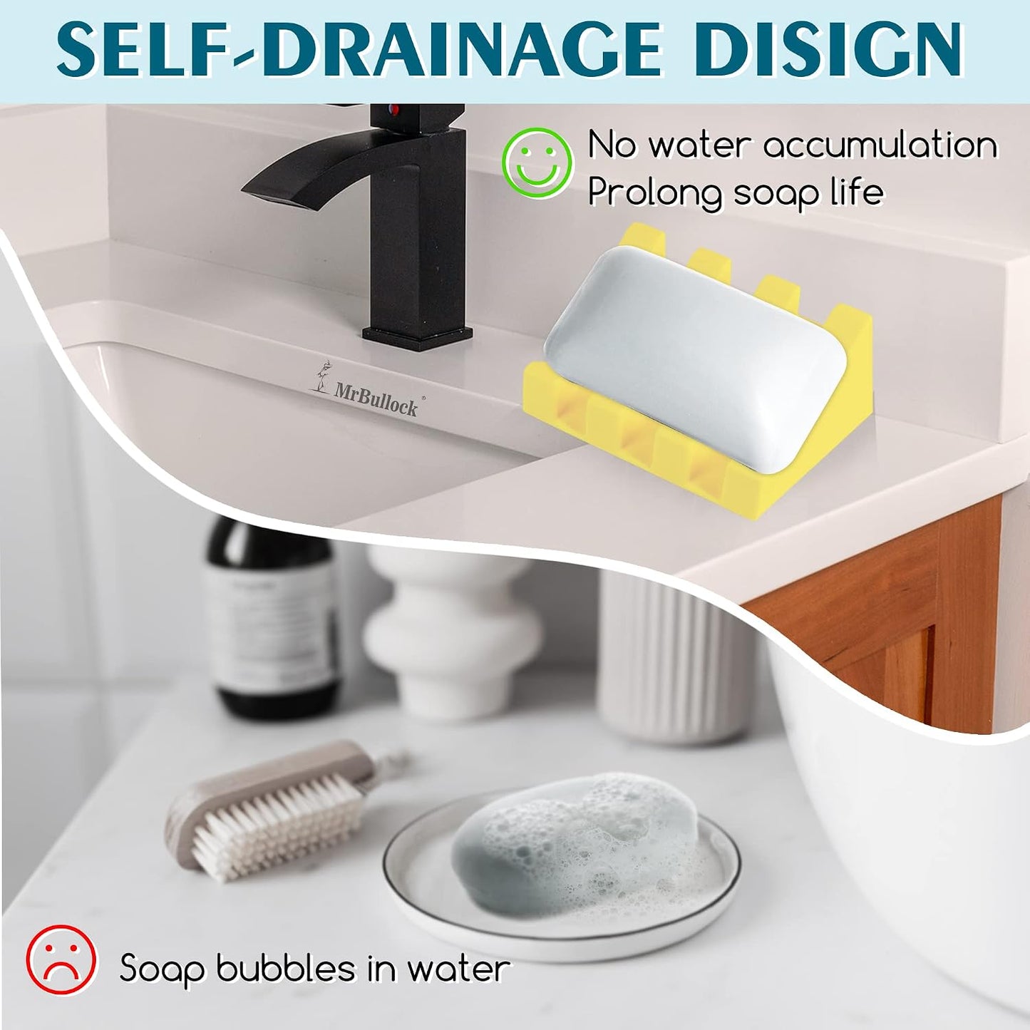 Self Draining Silicone Soap Dish Holder Waterfall Tray, 2 Pack Black | Waterfall design drains fast to keep soap dry, non-slip silicone base anti slide, soap saver for bathroom & kitchen