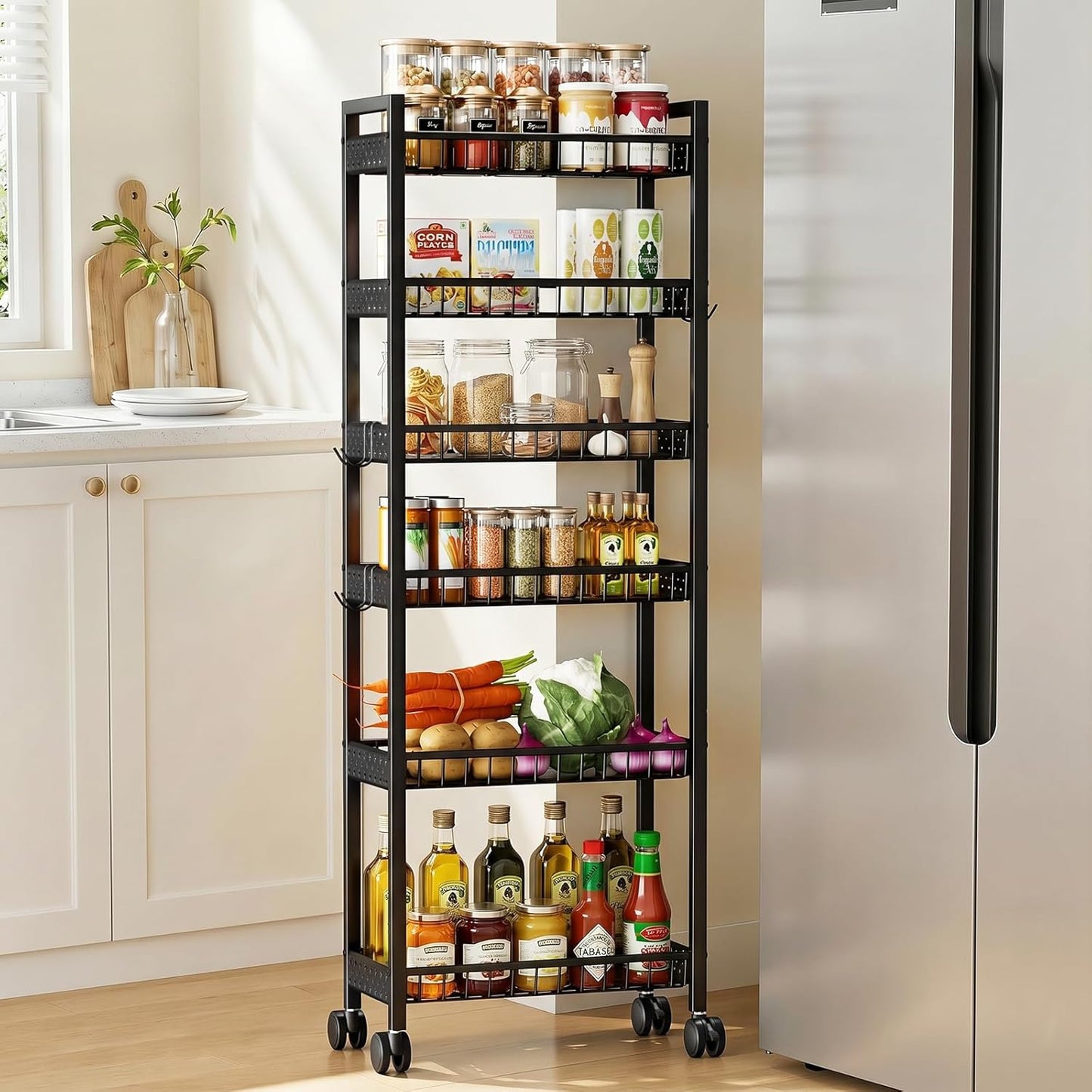 Slim Storage Rolling Cart, 4 Tier Narrow Cart with Wheels, Metal Kitchen Rolling Cart for Small Spaces, Slide Out Storage Shelves for Kitchen, Laundry Room, Bathroom, Living Room, 7.1in(W)