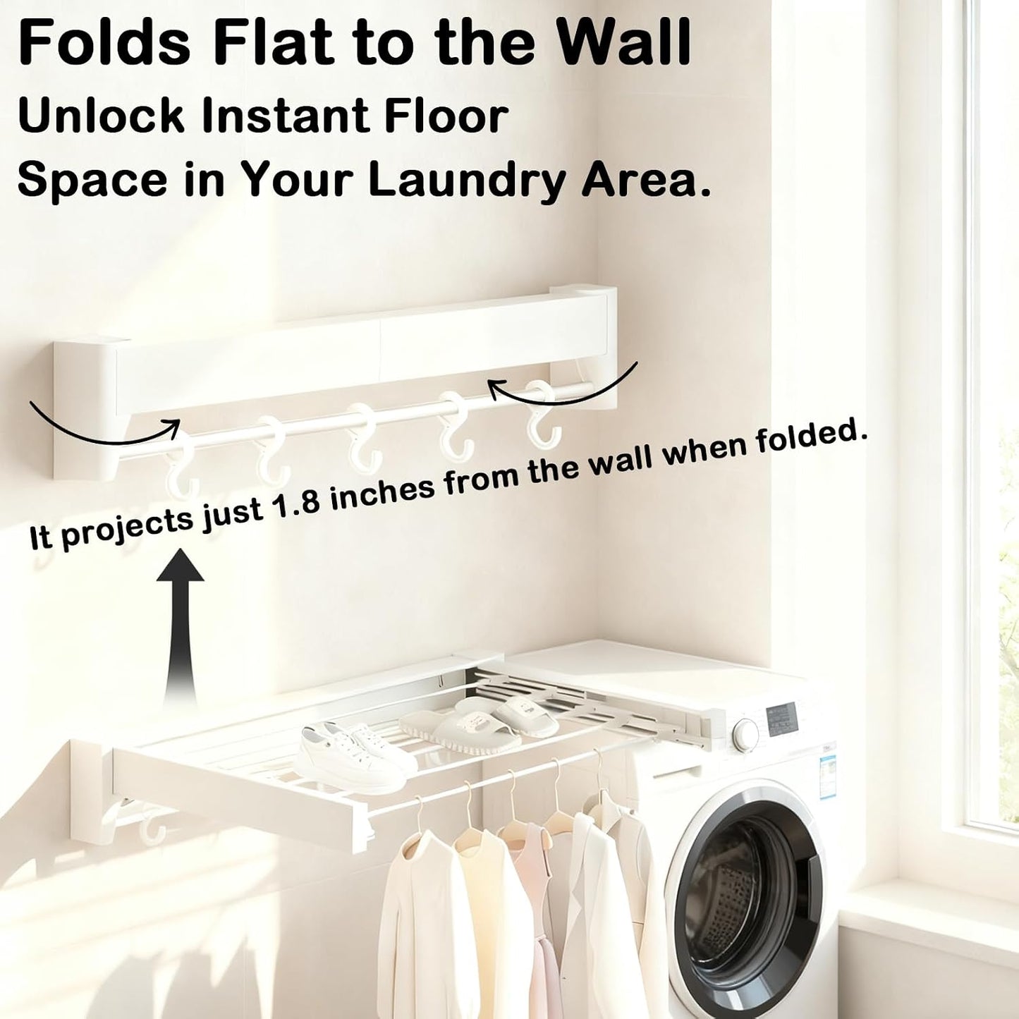 Wall Mounted Clothes Drying Rack 27 inches,Foldbale Laundry Drying Rack 6 Rods,Hidden Drying Rack Clothing,Retractable,Collapsible,Screws Needed Folding Laundry Rack (White, Medium)