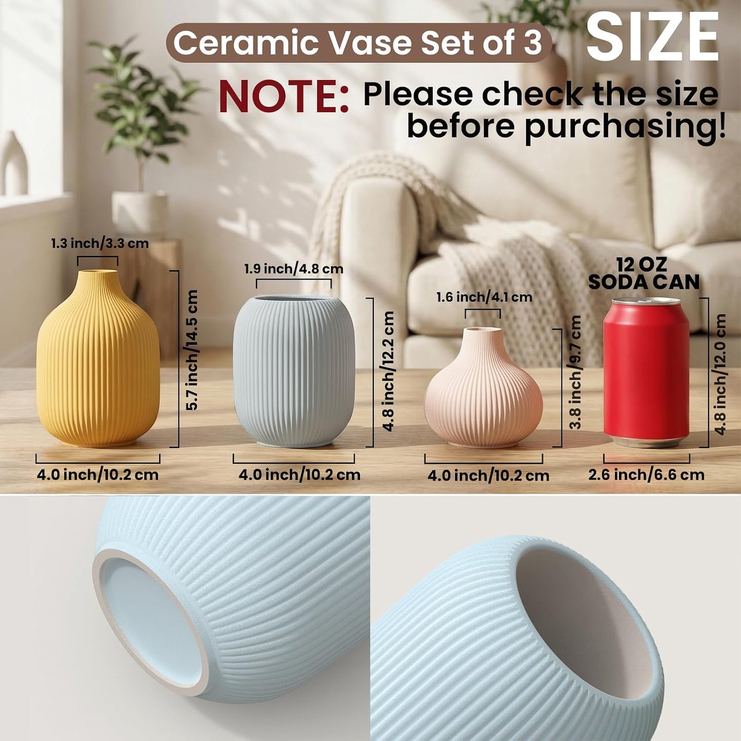 White Ceramic Flower Vases Set of 3, Modern Matte Vertical Ribbed, Nordic Minimalist Decor for Pampas, Dried & Fresh Flowers, Centerpiece for Living Room, Shelf, Entryway, Wedding,Office