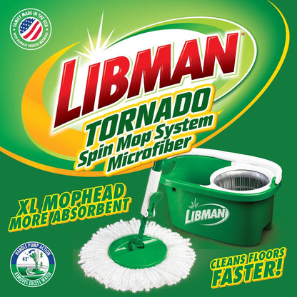 Libman Tornado Spin Mop System and 1 Refill, Mop and Bucket with Wringer Set for Hardwood Floor Cleaning, 2 Total Heads Included
