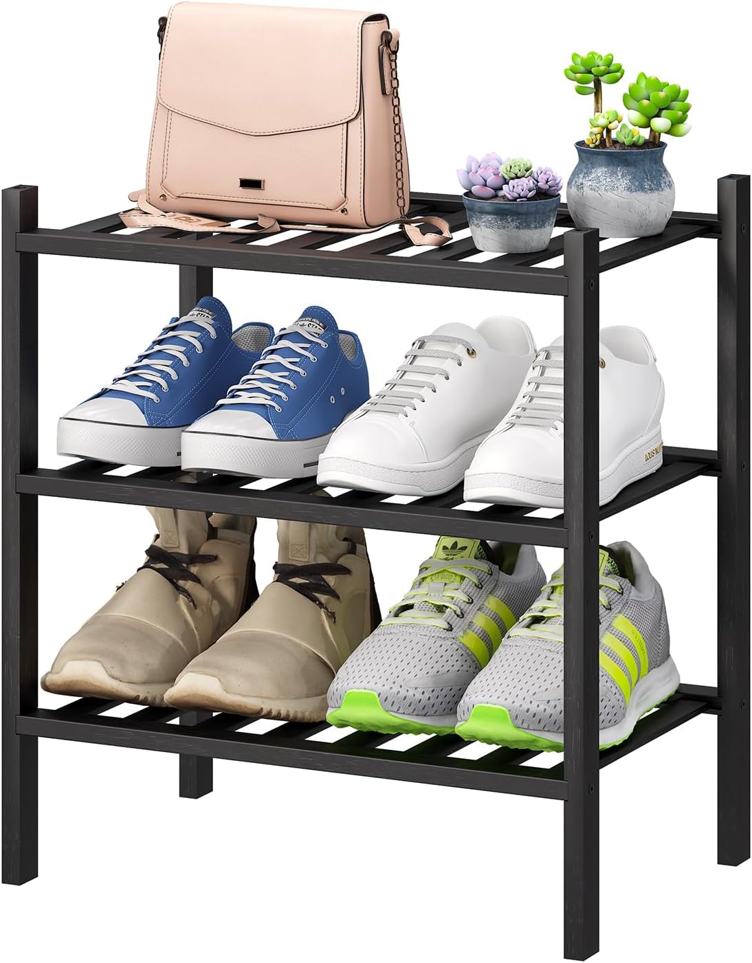 viewcare 3-Tier Black Bamboo Shoe Rack for Entryway, Stackable | Foldable | Natural, Shoe Shelf Storage Organizer for Hallway Closet, Free Standing Shoe Racks for Indoor Outdoor