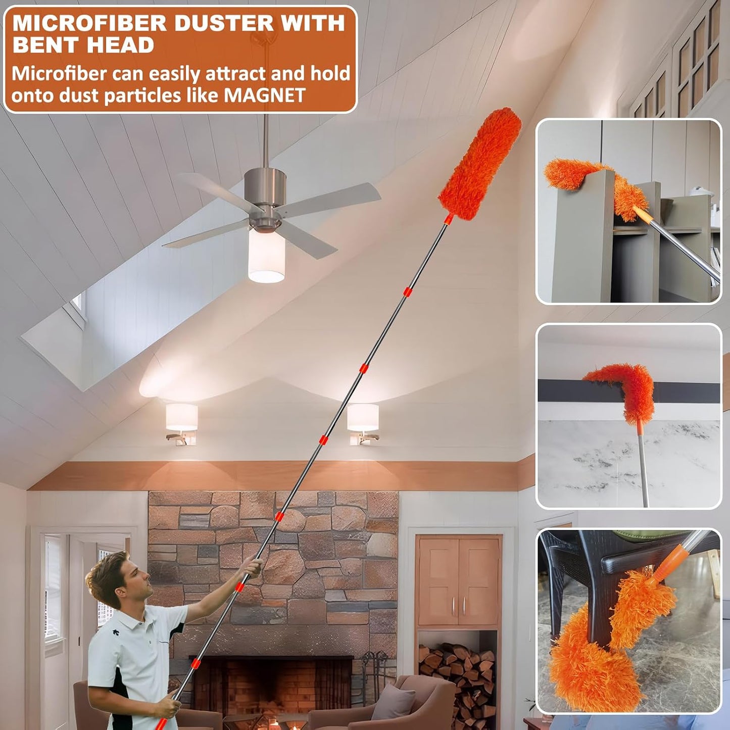 20 Ft+ High Reach Cleaning Tool Kit - Microfiber Feather Ceiling Fan Duster & Cobweb Duster with 3-14 ft Spliceable Pole Duster for Cleaning Fan, Spider Web, Ceiling, Blinds, Furniture Clean