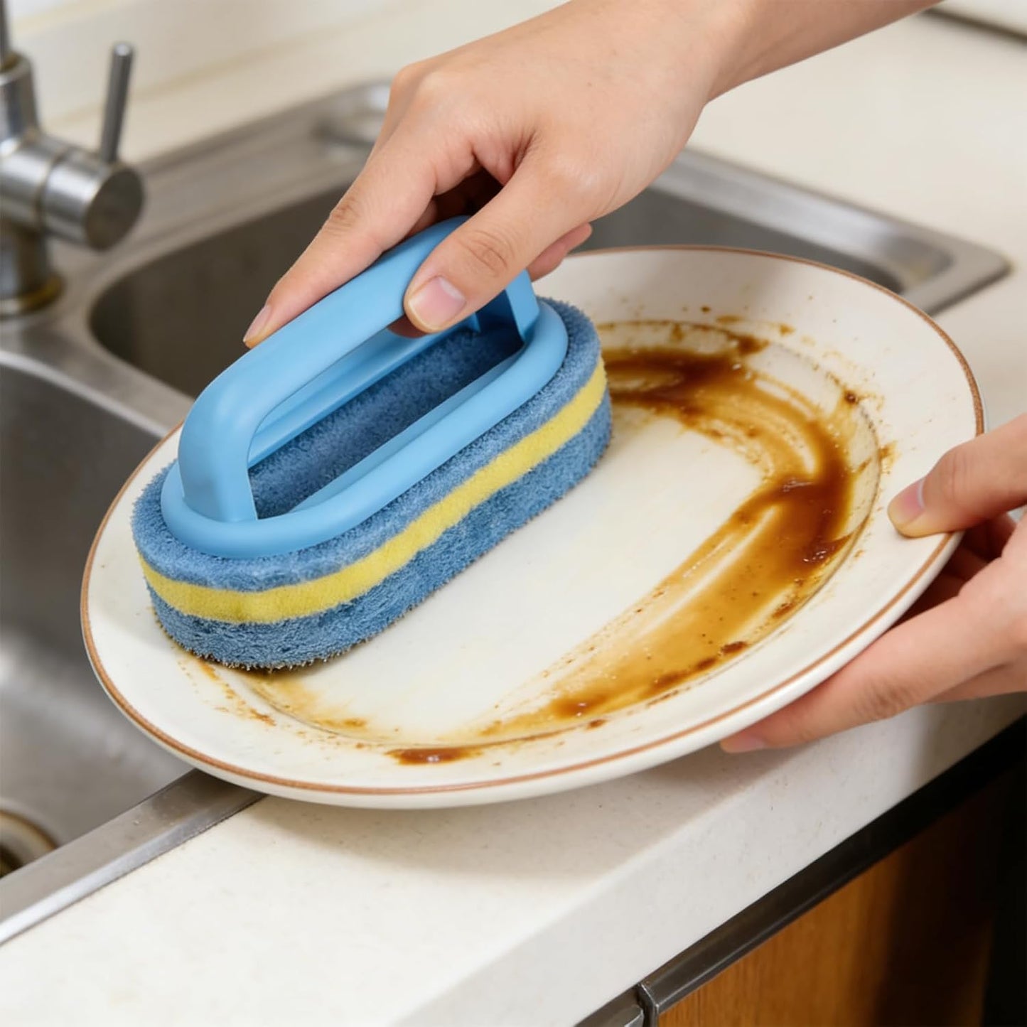 Shower Scrubber with Handle - Bathroom Cleaning Sponge Brush for Bathtub, Tile, Toilet & Kitchen Sink - Heavy Duty Scrub Pad, Ergonomic Grip, Blue (1 Pack)