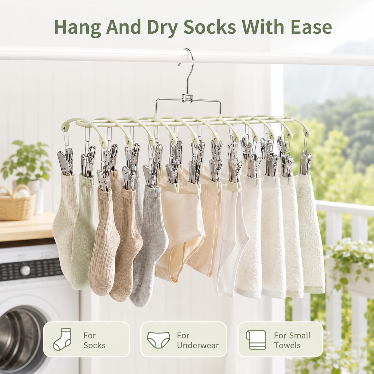 Sock Drying Rack with 20 Clips, Stainless Steel Laundry Hanger for Underwear, Space-Saving Clothes Airer with Foldable Hook, Non-Slip Clip Organizer Drying Station for Small Items