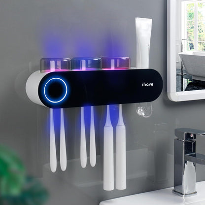iHave Toothbrush Holders for Bathrooms, UV Toothbrush Sanitizer and Holder Smart Home Bathroom Accessories, 2 Cups Electric Toothbrush Holder Wall Mounted with Toothpaste Dispenser Bathroom Decor