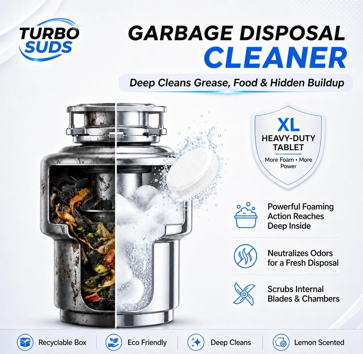 Garbage Disposal Cleaner Deodorizer Tablets – Heavy Duty XL Foaming Tablet for Kitchen Sink Drains and Disposals – Natural Sink and Disposal Cleaning Tablet – 12 XL Tablets, One Year Supply