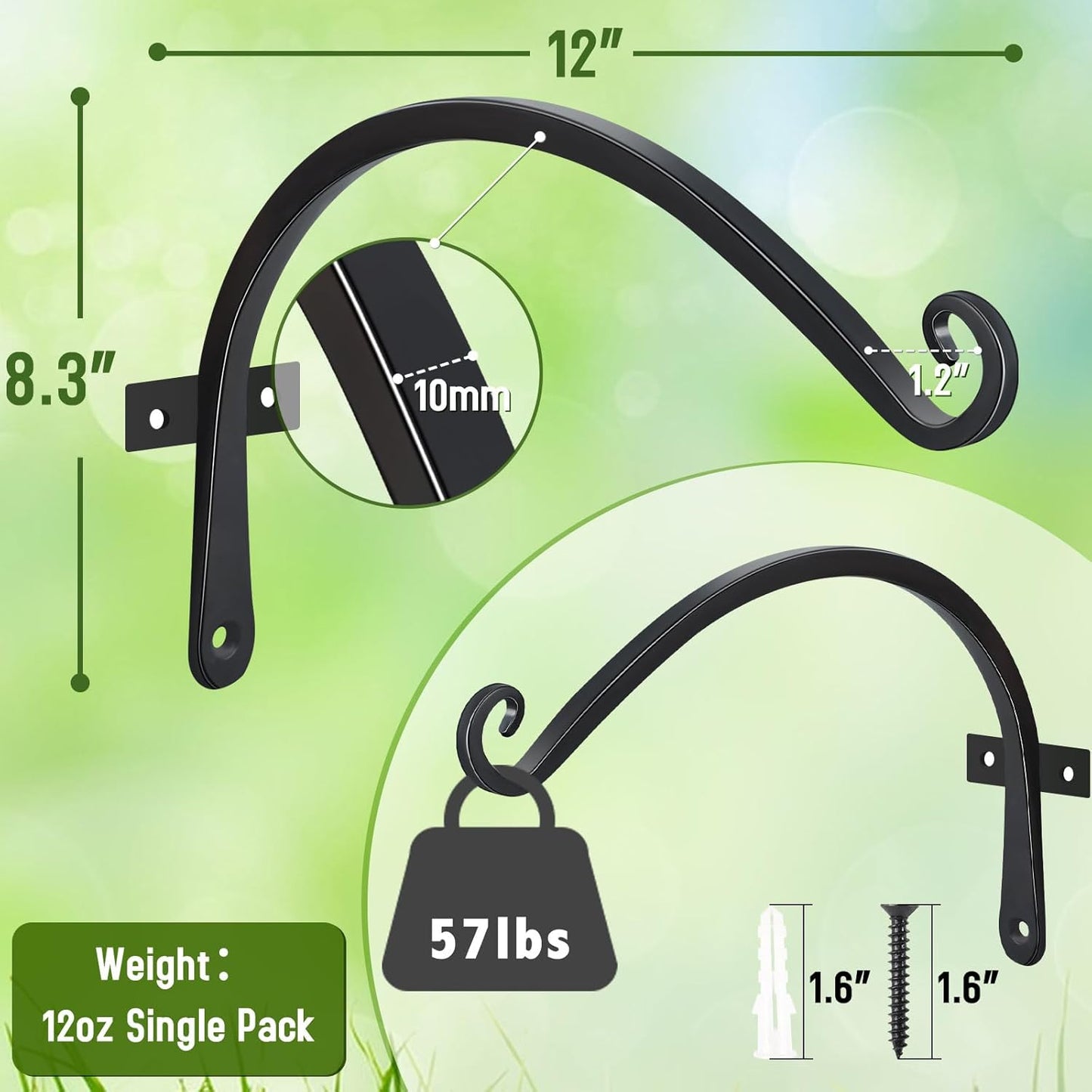 FEED GARDEN Heavy Duty Plant Hangers Outdoor Indoor, 8 Inch 2 Pack Metal Hanging Bracket Holds Up to 44 lbs, Wall Brackets for Hanging Baskets, Bird Feeders,Wind Chime& Lanterns, Black