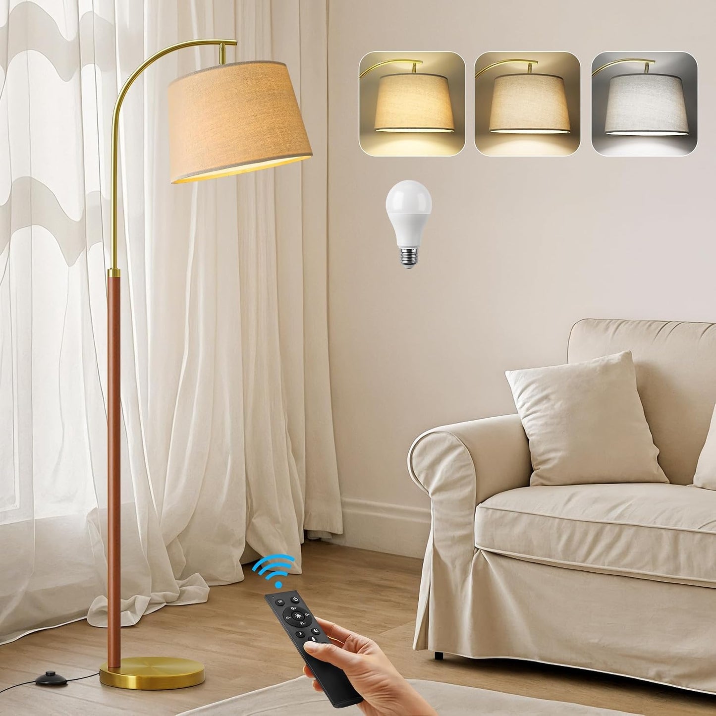 G-SAFAVA Real Wood Floor Lamps for Living Room Bedroom, 62.5" Mid Century Modern Lamp Gold Standing Tall Arc Lamps with Foot Switch, Floor Lamps for Nursery Office Decor Corner Reading Room Light