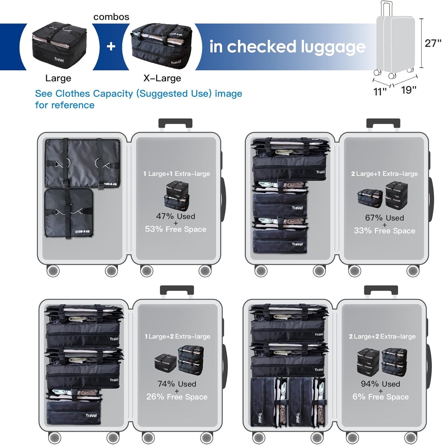 Grand Fusion Stow-N-Go Hanging Travel Shelves, Packing Organizer for Luggage. Carry on Closet for Suitcase. Expandable Packing Cube. Travel Essentials. (Black - L, L = (L) 11.8" x (W) 11.8")