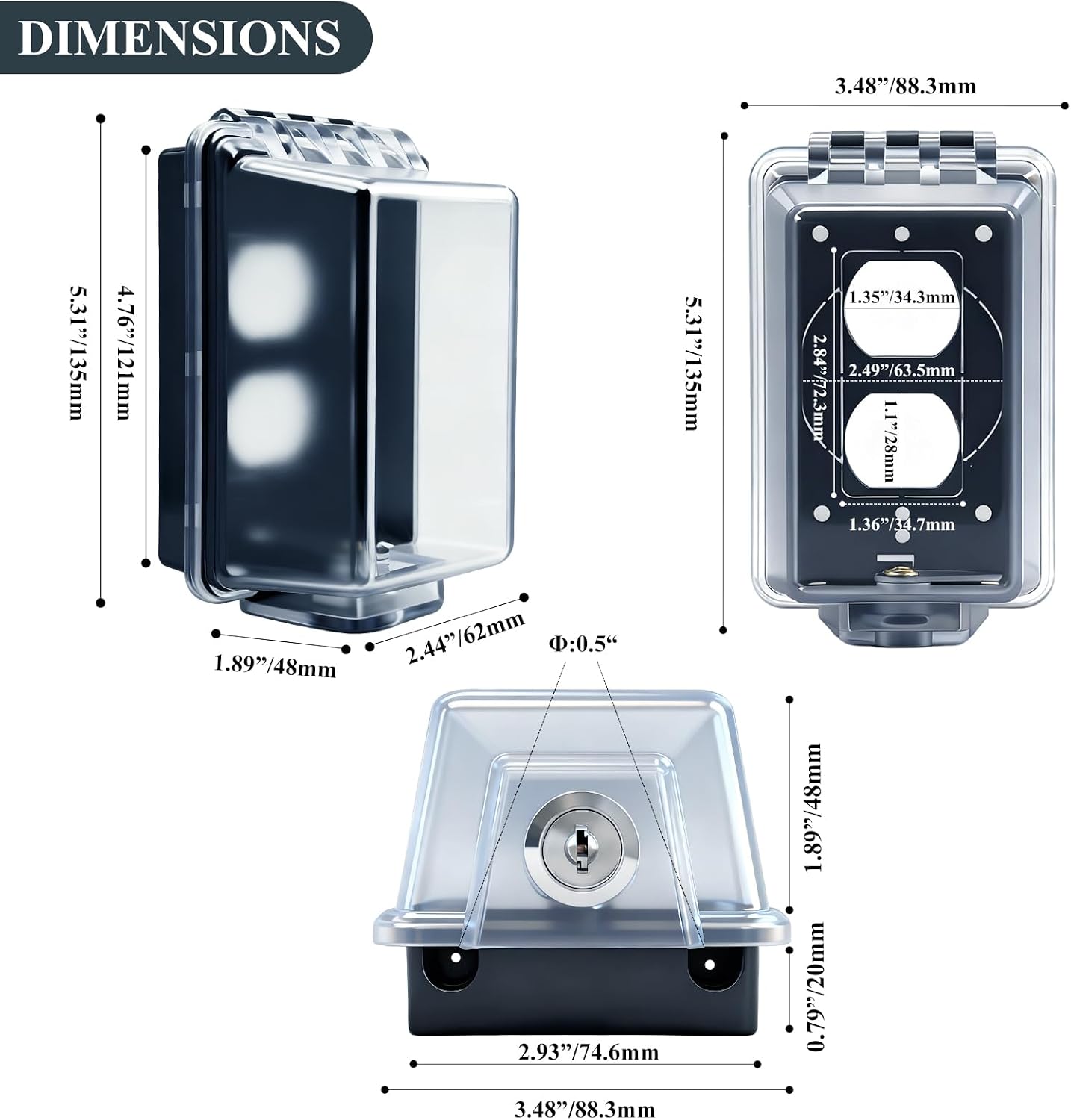 Universal Weatherproof Electrical Outlet Cover with Lock, Baby Proof Outlet Lock Box, Fits Most 2.6 "H x 2.56 "W or Smaller Plugs, Clear Outlet Waterproof Cover Box Fit for Outdoor In-Use