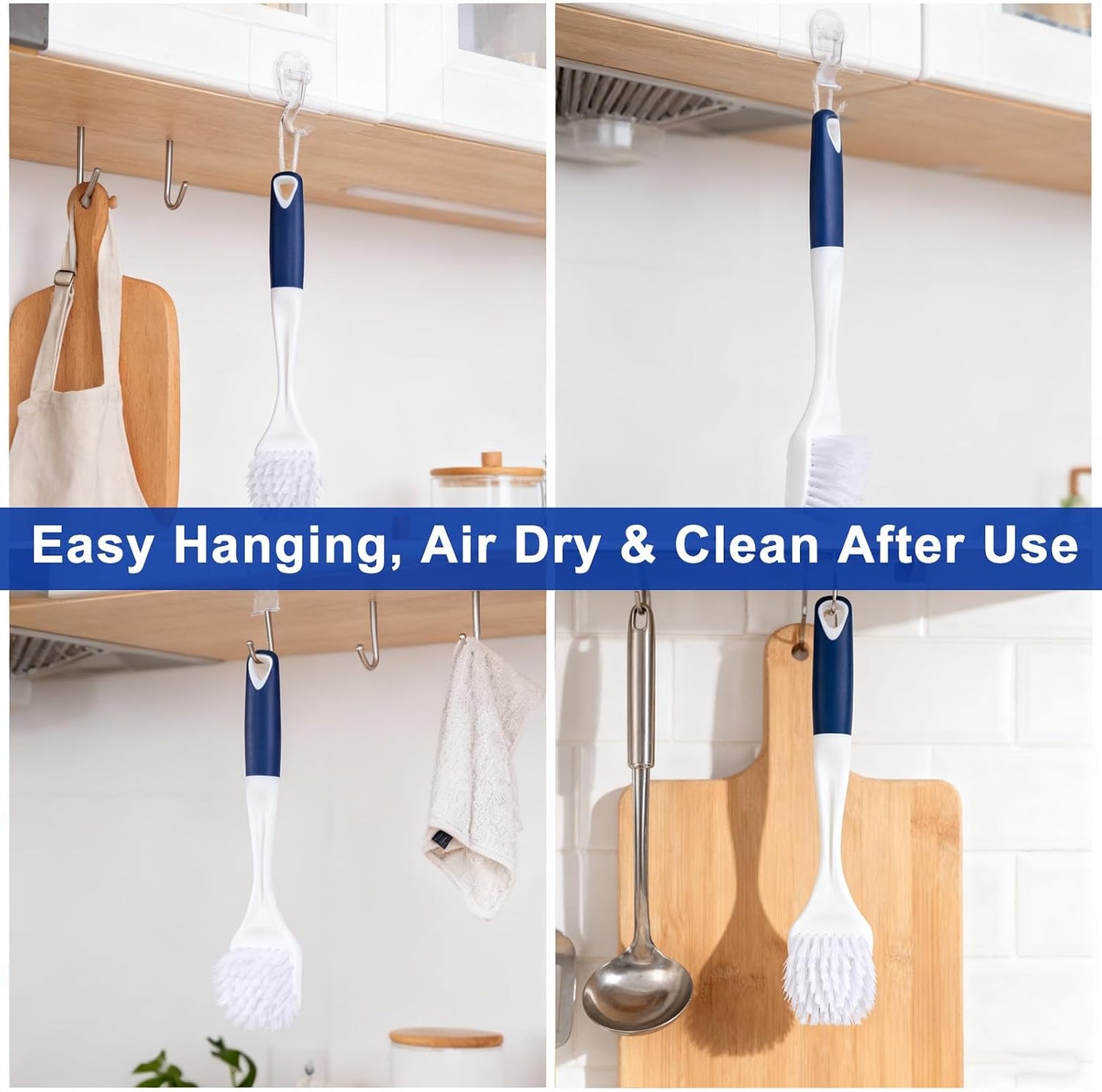 ITTAR Kitchen Dish Brush with Long Non-Slip Handle, 2-in-1 Kitchen Scraper & Brush, Heavy-Duty Non-Scratch Scrub Brush for Sink, Pots, Pans, Burnt Food Grease Stove Sink Cleaning-White & Blue