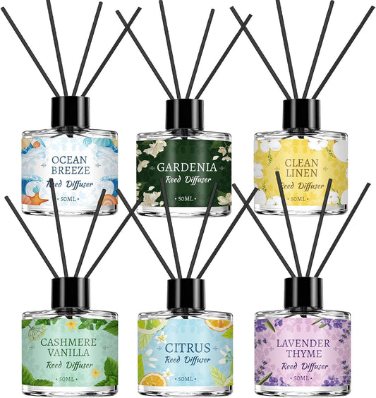 6 Pack Reed Diffuser Sets, Essential Oil Reed Diffusers for Home with 24 Sticks, Long Lasting Scent, Gift Ready Fragrance Diffuser for Bedroom, Bathroom, Office, Home Decor (1.69oz Each)