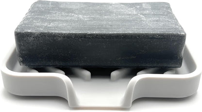 Silicone Soap Dish Tray and Sponge Holder with Drain Chute and Feet | 3-Way Sloped Design | Bathroom and Kitchen Sink Organizer Caddy (Black, 10"x4", 7.8 Ounces)
