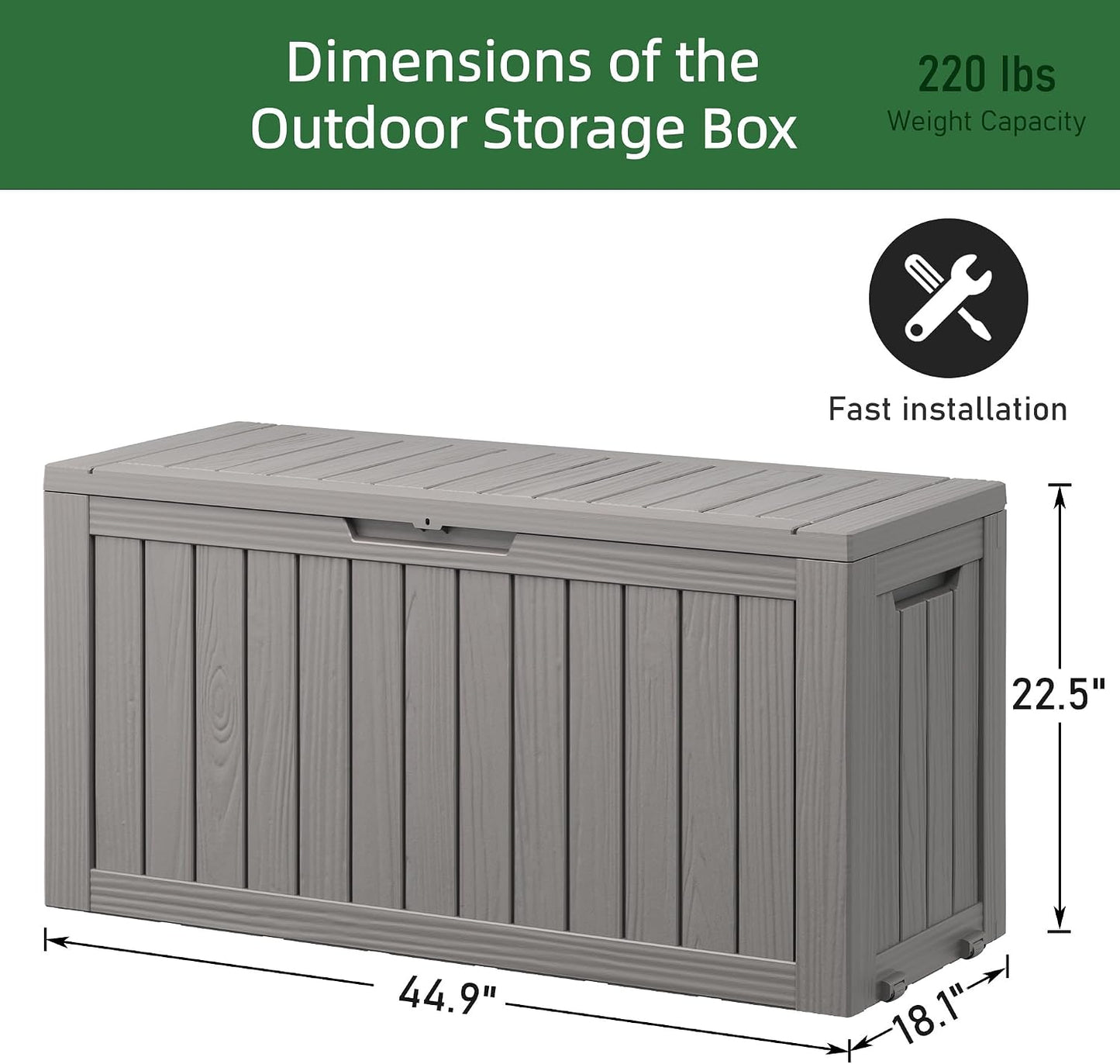 Outdoor Storage Box, 45 Gallon Deck Box with Lockable Lid, Waterproof Resin Storage Bin for Cushions, Garden Tools, Patio Furniture, Grey