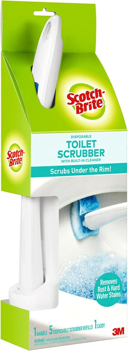 Scotch-Brite Disposable Toilet Scrubber Starter Kit, Disposable Refills with Built-in Bleach Alternative, Includes 1 Handle, Storage Caddy and 5 Refills