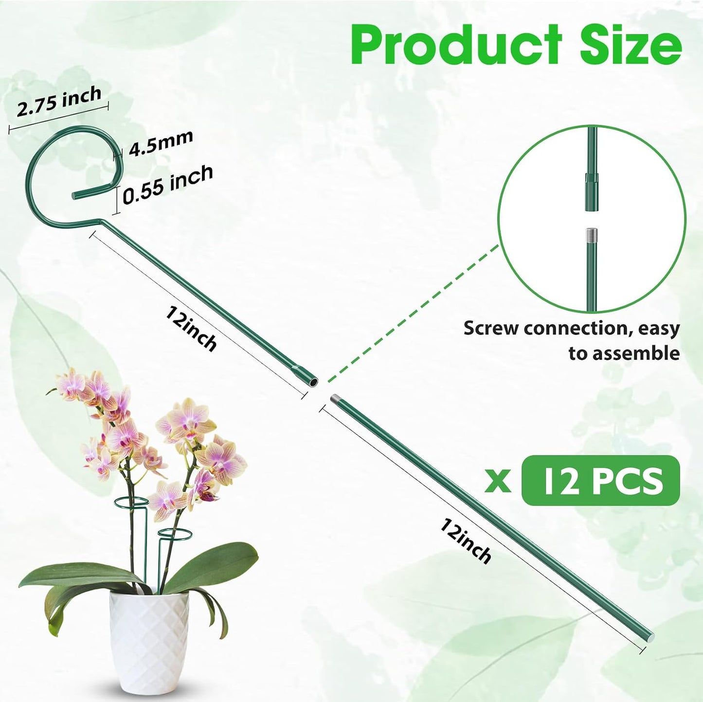 Unves 24 in Plant Stakes, 12 Pack Garden Plant Support Stakes(12" or 24") | Single Stem Plant Cage for Outdoor Indoor Plants Orchid, Tomatoes, Peony, Lily, with 100 Pcs Twist Ties