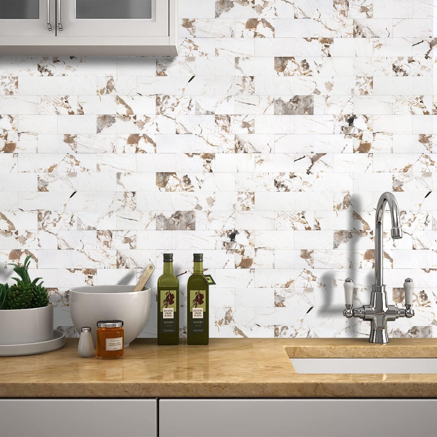STICKGOO 10-Sheet Subway Tile Peel and Stick Backsplash, Seamless Design Polished Eurasia Beige Kitchen Backsplash Wall Tiles, Glossy Surface Waterproof Stick on Tile for Bathroom, RV, Fireplace